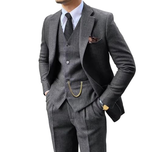 3 Piece Suit Tweed Herringbone Men's Suits Slim Fit Groom Tuxedos Set Prom Brown Grey Jacket Blazer Vest Pants Dark Gray L
