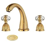 YANNLII Shiny Polished Gold Widespread Bathroom Sink Faucet,Two Crystal Handle Three Hole Brass Lavatory Vanity Faucet,8-16 Inch Basin Mixer Tap with Pop Up Drain Assembly