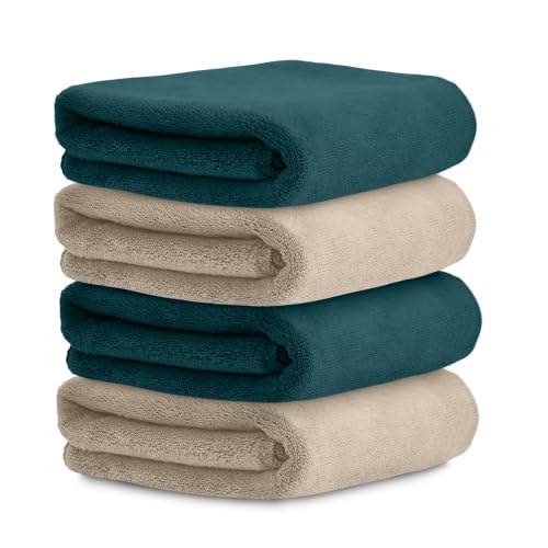 Image of HOUSSE Microfiber Face Towels | Ultra Absorbent, Odour-Free, Quick Dry 550 GSM Face Towel for Home, Gym, Travel, Running and Personal Use | 30x30 cm | Jungle Green & Beige (Pack of 4)