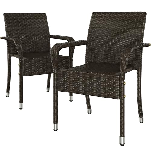 Yaheetech Set of 2 Rattan Stackable Outdoor Garden Chair Lightweight All-Weather w/Armrests for Patio Backyard Poolside Brown