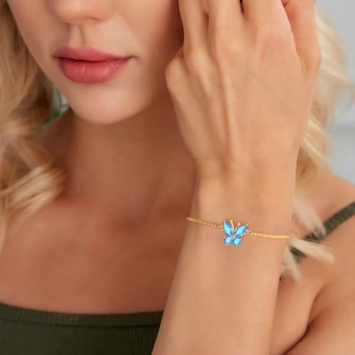 Image of Butterfly Birthstone Bracelets for Women Teen Gifts 14K Gold Plated Butterfly Oval 1-12 Birthstone Bracelet Jewelry Christmas Valentines Day Birthday Gifts for Teens