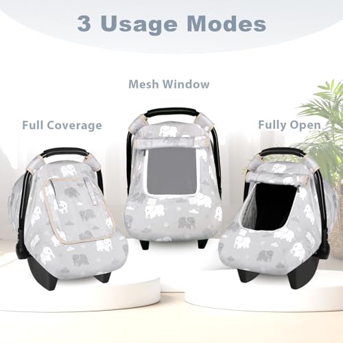 Image of Windproof Baby Car Seat Cover, 3D Mink Dot Infant Car Seat Canopy with Breathable Mesh Window, Baby Carrier for All Seasons, Easy Access Carseat Covers Snug Fit Infant Stroller(Elephant)