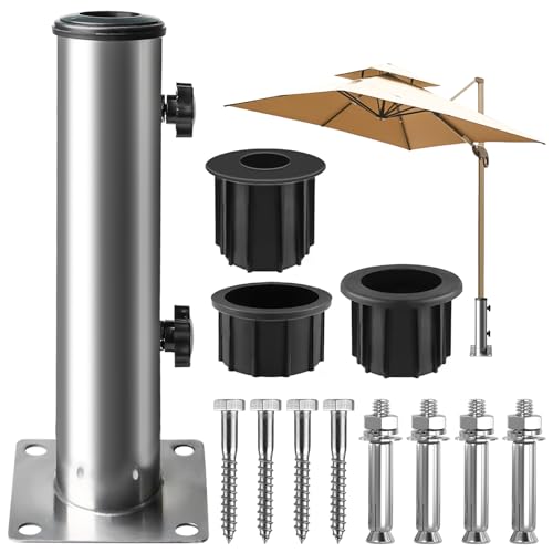 Pied de parasol universel avec 3 anneaux de réduction (32/39/49 mm), douille pour ponts, terrasses, tables de pique-nique