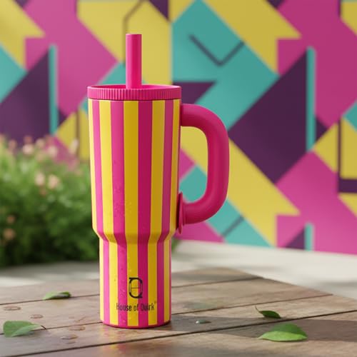 Image of House of Quirk 1200ml Stainless Steel Tumbler with Handle, Straw & Straw Cap | Leakproof Water Bottle | Large Capacity Travel Mug (Pink Lemonade)