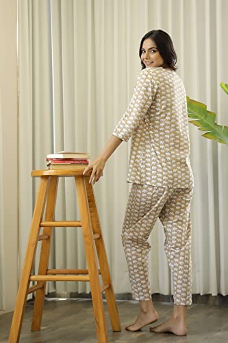 Image of SANSKRUTIHOMES Women's Premium 100% Cotton Printed Co-Ord Set | Short Sleeve Shirt & Pant Set | Pink Checkered Sun & Palm Tree Print | Casual Summer Resortwear, Vacation Wear & Comfortable Loungewear