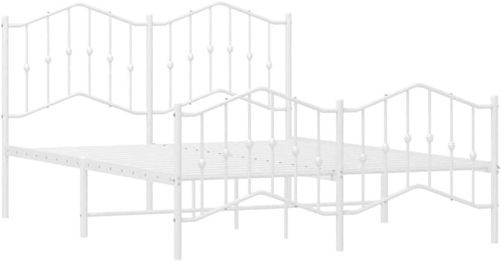 Bed Frame White Powder-Coated Steel Double Size 53.1x74.8 in Sturdy Platform with Headboard Storage Easy-Assembly Durable Nonslip Foundation for Bedroom Mattress Support
