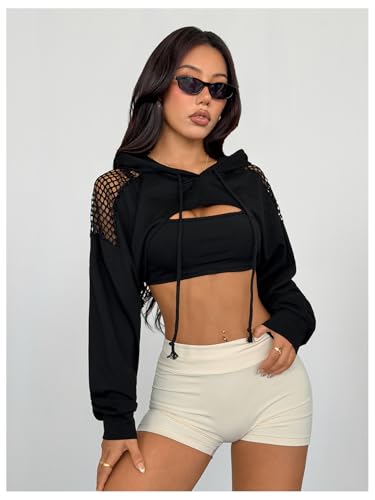Image of SweatyRocks Women's Casual Solid Cut Out Front Long Sleeve Pullover Crop Top Sweatshirt, Solid Black, Large