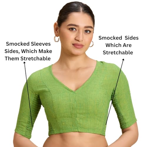 Image of Studio Shringaar Women's Thick Handloom Cotton Plain Side Stretch (Smocked) Readymade Saree Blouse