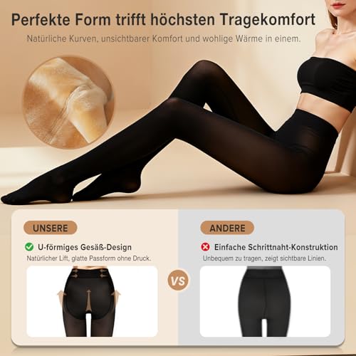 KISSCAT Thermo Strumpfhose Damen, Strumpfhosen Damen Winter, Warme Strumpfhose Damen Gefütterte Strumpfhose (DE/NL/SE/PL, Alphanumerisch, M, L, Regular, Regular, Transluzentes Schwarz)