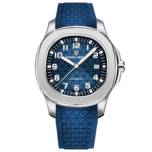 Pagani Design Elegante mechanische Herrenuhr Automatikwerk achteckiges Edelstahl gehäuse Japanisches 8215 Uhrwerk Armband Fluorkautschuk wasserdicht lässige Sportuhr Datum (Silber-Blau)