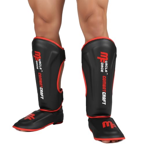 MuscleForge Espinilleras Kick Boxing con Protección de Empeine Talla XL – para Muay Thai, MMA y Artes Marciales – Tibiales MMA Acolchado EVA Alta Densidad, Correas Ajustables, PU Resistente
