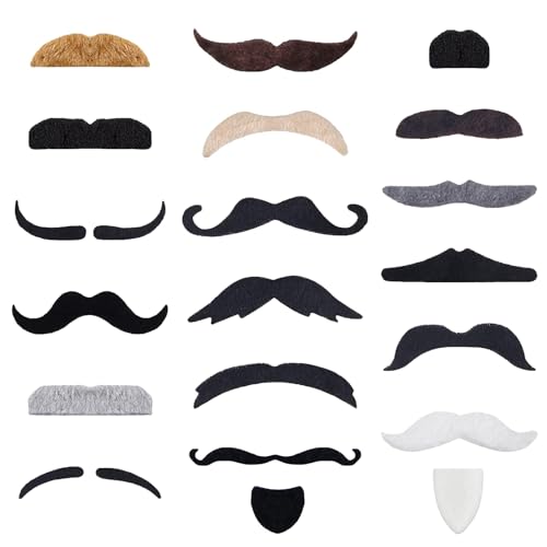 20 peças bigode postizo em adesivo, bigodes postiços realistas para festas, carnaval dos anos 80, para o Halloween e festas