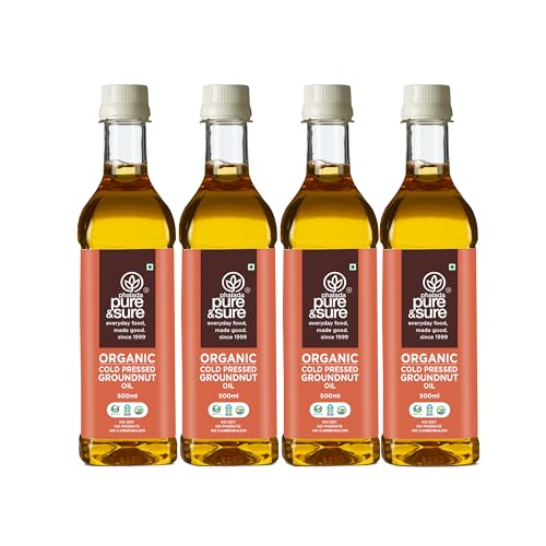 Image of Pure & Sure Organic Cold Pressed Groundnut Oil 2Ltr | Peanut Oil /Sing Tel Edible for Cooking | Extracted on Wooden Churner | Nutrient Rich & Chemical Free| 500ml(Pack of 4)