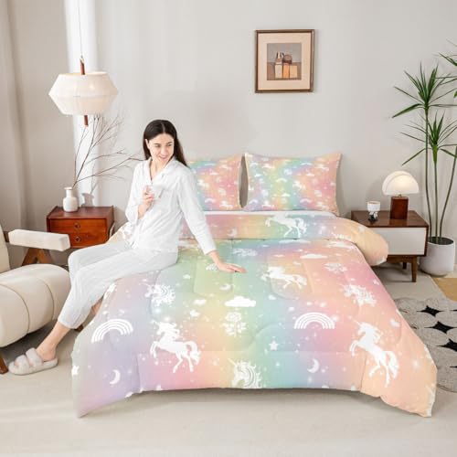 Image of Erosebridal Girls Unicorn King Bedding Set Rainbow Unicorn Comforter Set for Kids Child Ombre Stars Moon Comforter Fantasy Girls Room Decor Rose Flower Duvet Insert Cartoon Kawaii Bed Set