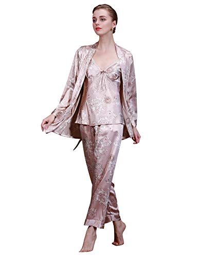 Romanstii Silk Satin Pajamas Sleepwear Set Sexy Cami PJ Nightwear 3 Pieces (Camel2-three pieces, Large)