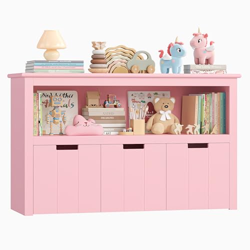 FOREHILL Meuble Rangement Jouet Bibliothèque pour Enfants Étagère Armoire de Rangement avec 3 Tiroirs Roulants Rose 102x33x61.5cm