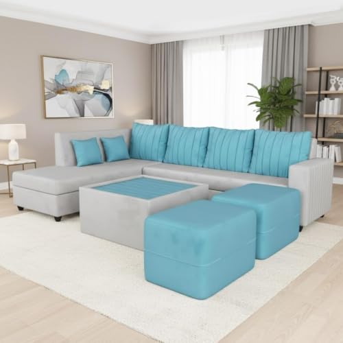 Image of CASASTYLE Stylano 8 Seater Fabric LHS L Shape Sofa Set with 1 Centre Table & 2 Ottoman (Sky Blue -Light Grey) 8-Person Seating with Premium Velvet Finish