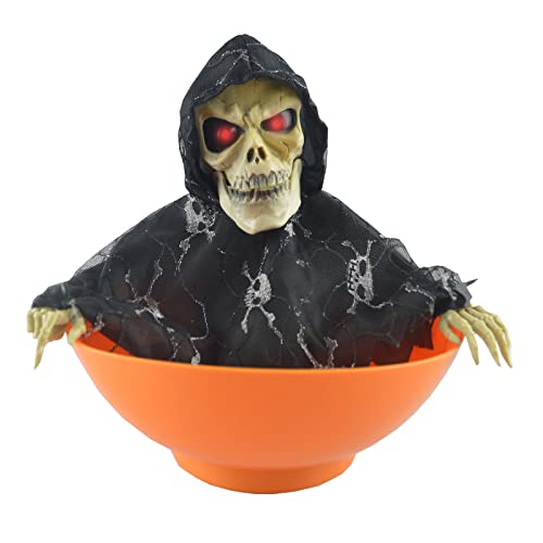 Coolpala Halloween Candy Dishes Decorative With Led Eyes and Sound, Creepy Animated Halloween Skull Bowl for Treat Or Trick Candy Holder Prank Props, Orange, 23 x 25 cm/9.1 x 9.8 inch