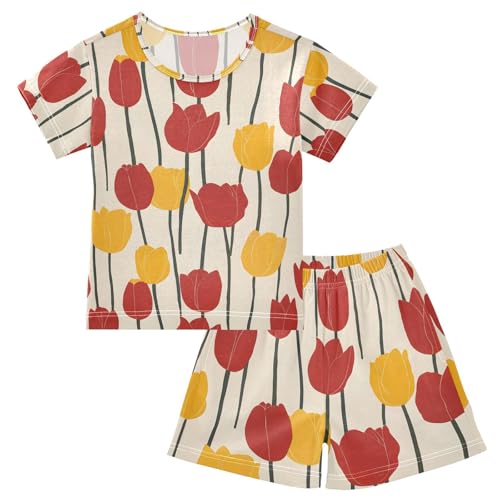 ALAZA Red Yellow Tulip Flower Art Pajamas Short Sleeve 2 Piece Sleepwear Top and Bottom Pajama Set Unisex
