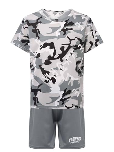 easyforever Kids Boys Sports Outfit Set Short Sleeve Camouflage Print T-shirt With Shorts For Soccer Basketball Workout Gray 11-12 Years3