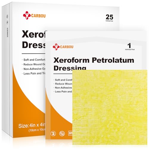 Carbou 4x4 Medical Xeroform Petrolatum Dressing Non-Adherent Gauze Pads Soft Fine Mesh Gauze Patch for Wound Care Burns Lacerations Skin Grafts & Surgical Incisions 25 Individual Pack