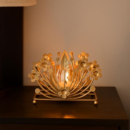 Image of MARKET 99 Metal+Glass Single Votive T-Light Holder Leaf Shape | Decorative Candle Holder for Christmas, Diwali, Birthday & Wedding | Elegant Home Decor Accent for Festive & Ambient Lighting - Golden