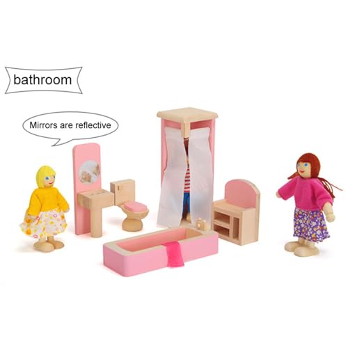 Wooden Doll House Furniture Doll House Building Blocks Mini Dollhouse for Kids Childs Gifts Family Doll House (Bathroom) - Image 3