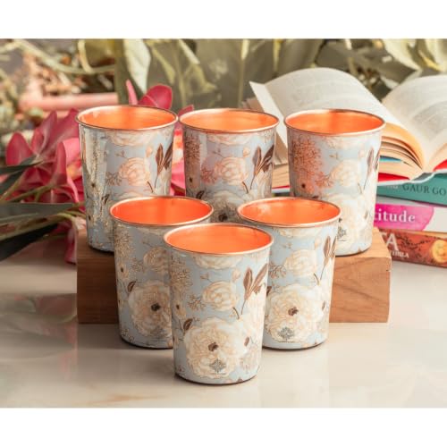 Image of INDIAN ART VILLA Copper Gold Print Design Glass, 275 ML, Copper Ayurvedic Drinkware for Daily Water Drinking, Elegant Floral Printed Tumbler for Home, Office, Kitchen & Gifting, Set of 6
