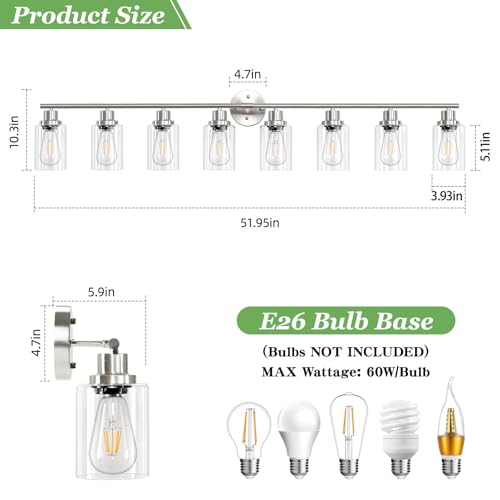 Image of 8-Light Brushed Nickel Vanity Lights, Modern Bathroom Light Fixtures with Clear Glass Shade, Wall Lamps for Mirror Kitchen Hallway Cabinet Living Room Sconces Lights - E26