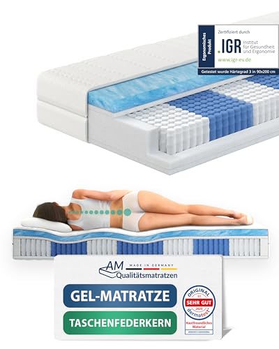 AM Qualitätsmatratzen Premium Gel-Taschenfederkernmatratze 90x200cm H3 24cm - Made in Germany & Oeko TEX Siegel - 7 Zonen Gel-Federkernmatratze...