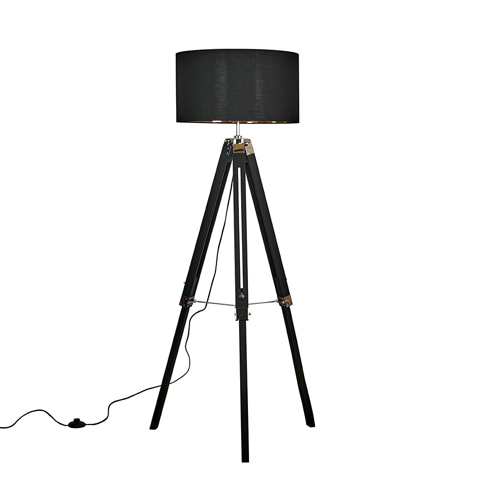 Minisun Black/Gold | Modern Wood And Silver Chrome Tripod Floor Lamp With A Drum Shade | Floor Lamps & Torchieres, Home Décor & Improvement Essential