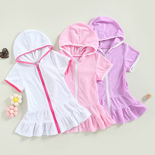One Opening 2-11T Little Girls Beach Cover Up Bathrobe Dress Hooded Zipper Beach Dress Shower Bath Wrap Body Towel Dress (Pink, 10-11 Years) #TOP1
