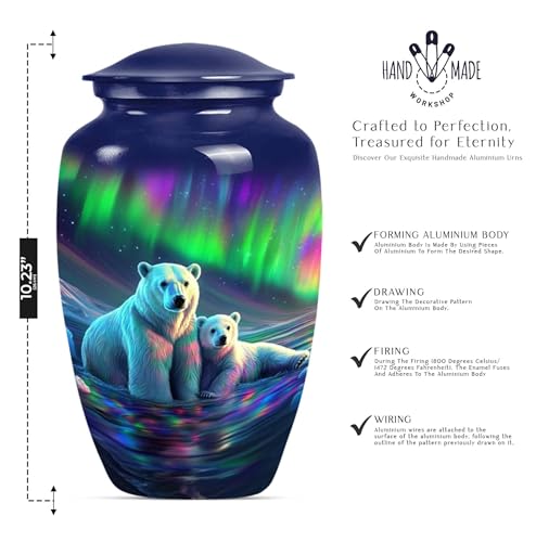 Image of Northern Lights Polar Bear Urn for Adult Ashes Male & Female - Large Memorial Urns for Human Ashes - Elegant Aurora Borealis Themed Burial Urns - Decorative Urn (Large 10 inch)