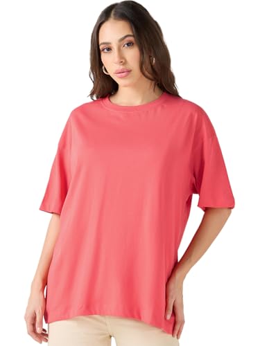 Image of Bewakoof Women's Solid Oversized Fit Half Sleeve Round Neck Cotton Jersey T-Shirt