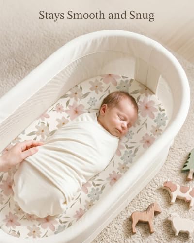 Image of Bassinet Sheets for Baby Girls Boys 2 Pack, Fitted Baby Mattress Sheet for Rectangle, Oval, Hourglass Bassinet Mattress, Breathable Cozy & Universal Fit (Butterfly Dance, Bassinet Sheet)