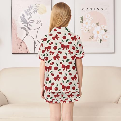 ALAZA Cherry Bow Leaf Retro Satin Pajamas Set Short Sleeve Button Down Sleepwear Summer Pjs 2 Piece4