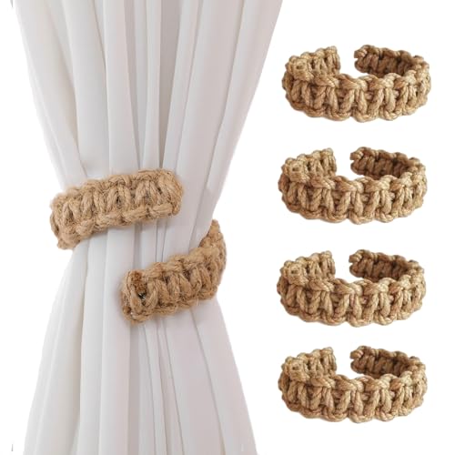 4 Pcs Curtain Tiebacks Rustic Curtain Holdbacks,Curtain Tieback Holdbacks for Drapes,Farmhouse Tie Backs for Light Sheer Curtains (Khaki)