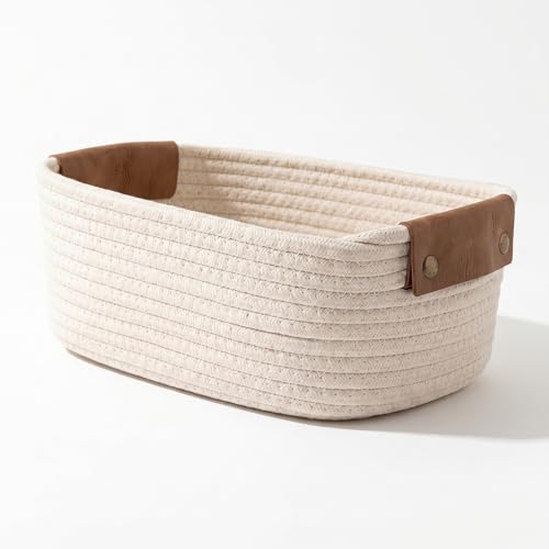 XAQAMY Panier de Rangement Petit (28x22x11cm) - Panier tressé lavable en coton avec poignées en cuir amovibles - Organisateur Boho indéformable pour salle...