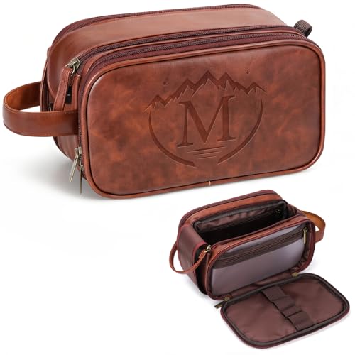 Personalized Travel Toiletry Bag for Men Large Waterproof PU Leather Toiletry Travel Bag Engraved Initials Portable Shaving Bag Best Birthday Gift Groomsmen Gifts for Men Dad Husband Him M