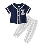 Chloefairy Baby Boy Half Birthday Outfit Half Way to First Baby Boy Baseball Short Sleeve Button T Shirt Top Striped Pants Set (Navy Blue, 6-12 Months)