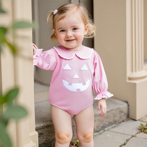 Newborn Baby Girl Halloween Outfit Pumpkin Bubble Onesie Romper Long Puff Sleeve Bodysuit Infant Fall Clothes3