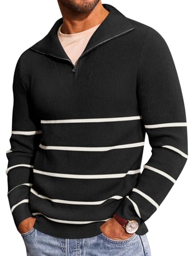 Runcati Mens Quarter Zip Pullover Mock Neck Striped Pullover Sweater Casual Fall Ligtweight Polo Sweaters