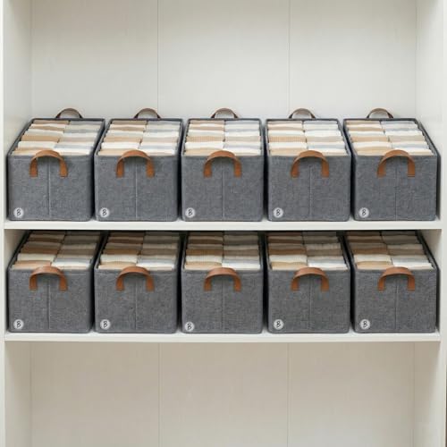 Image of Btag Pack of 10 Storage Baskets (46L x 27W x 19H CM) Non-Woven Foldable Wardrobe Organizer with Metal Frame Rectangle, Storage Box with Handles for Clothes, Books, Toys, Blankets & Closet Use.