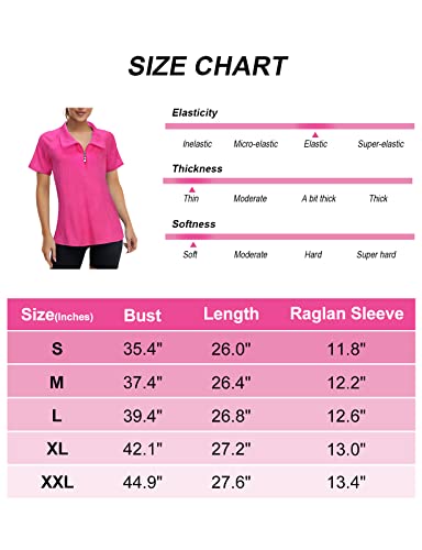 Koscacy V Neck T Shirts Women, Golf Tennis Polo Shirt Breathable Zipper Running Workout Outdoor Tops Yoga Biking Daily Casual Wear Aline Soft Shirts Hot Pink Large #TOP5