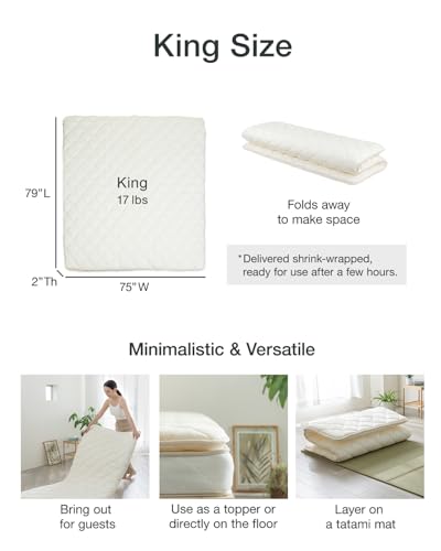Image of FULI Japanese Futon, King Size, White - Foldable Shikibuton Floor Bed | Medium Firm Quilted Cotton Sleeping Pad, Portable Roll-Up Japanese Floor Bed for Guests & Small Spaces, 100% cotton surface