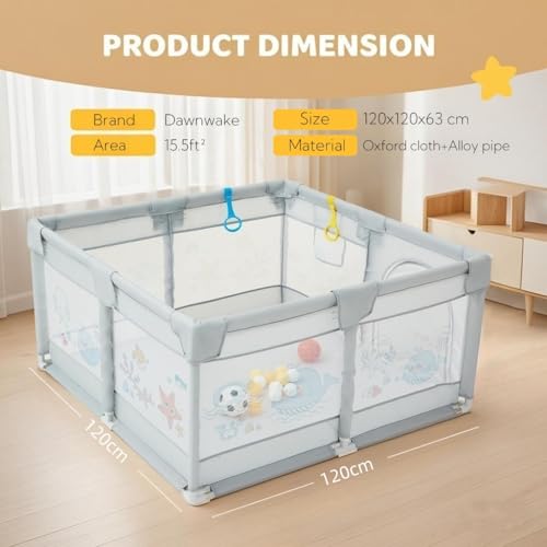 Image of Dawnwake 120 x 120 cm Small Playpen for Baby 6M-3Y, Baby Playard with Anti-Fall Grasp Rings & Safety Lock ((No Mat /No Ball, Non-Foldable)-Grey