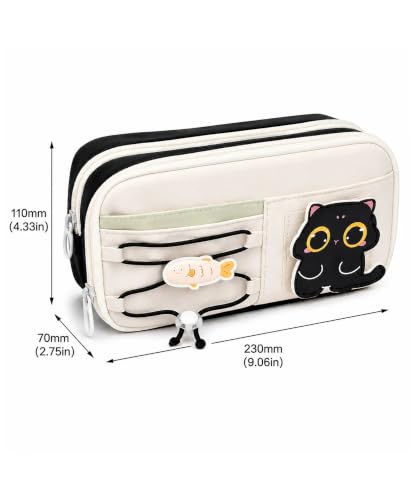 Image of Alokik Cute Black Cat Pencil Pouch for Girls & Boys, Large Capacity Multi-Layer Zipper Pencil Case with Front Pocket & Drawstring Organizer for School Supplies (Cat - Black)