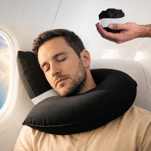 CANDY CANE Inflatable Neck Pillow for Airplane Travel with J-Shaped Design and 360 Support - Head Neck & Chin Rest for Any Seat Including Window Leaning - Compact Blow-Up Travel Pillow