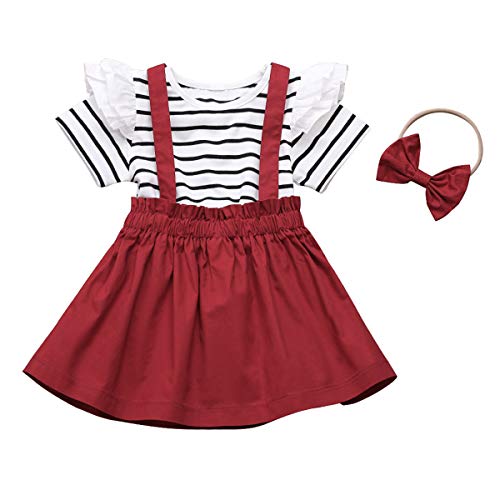 DaMohony Ensemble de vêtements 3 pièces pour fille avec jupe à manches courtes et volants à rayures + jupe porte-jarretelles + bandeau (3-4 ans, Rouge) Cover