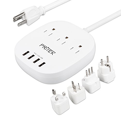 Power Strip, PRITEK Portable 3 Outlet Surge Protector Power Strip with 4 USB